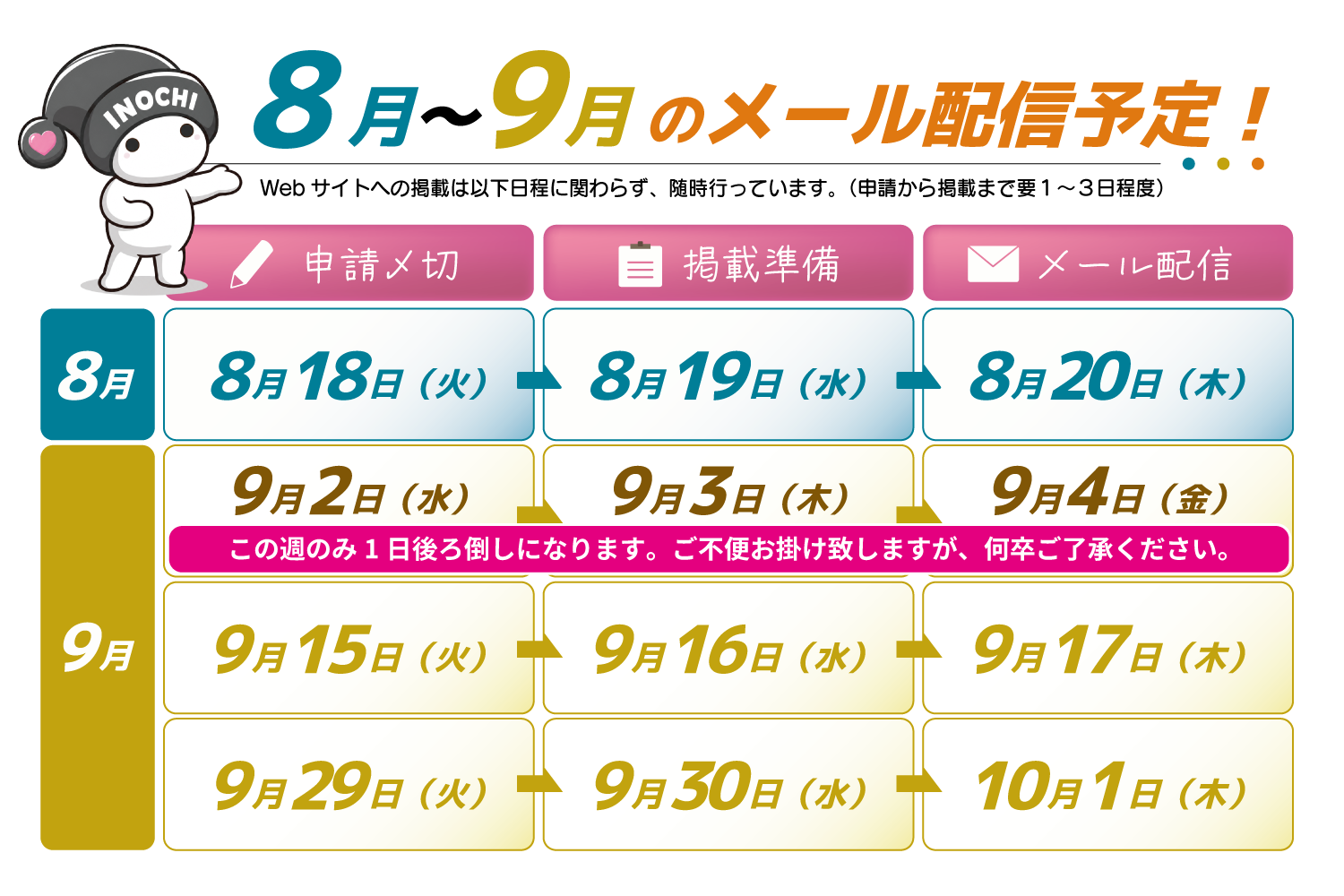 8月～9月のメール配信予定